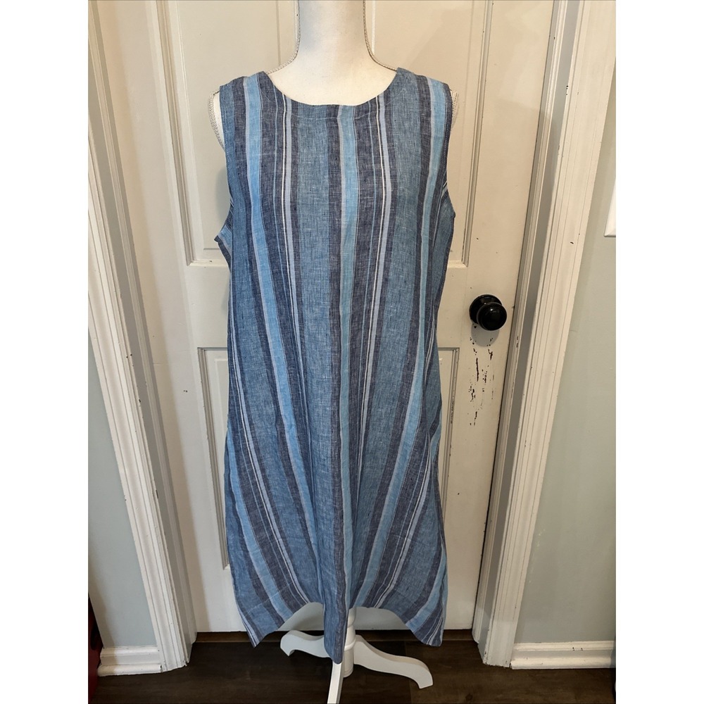 THE COMPANY STORE NWT SLEEVELESS DRESS 100% LINEN HI LO SWING DRESS SIZE M BLUE‎